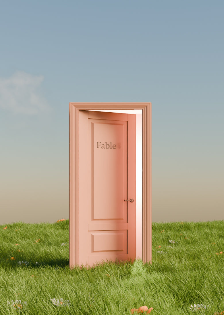 Wooden door labeled 'Fable' in a grassy field with a gradient sky
