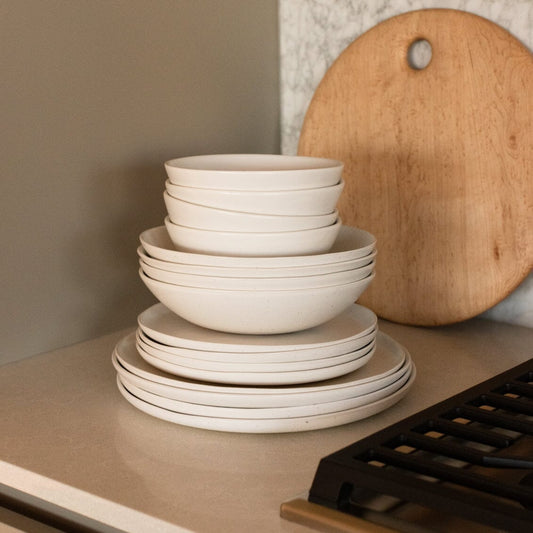 Dinnerware set bundles by Fable Home, shown in a speckledwhite finish. – #speckledwhite