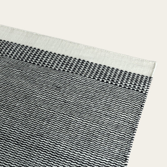 Close-up of a woven black and white patterned rug on a light gray background #ashblack