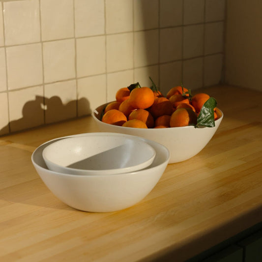 Nested serving bowls dinnerware by Fable Home, shown in a speckledwhite finish. – #speckledwhite