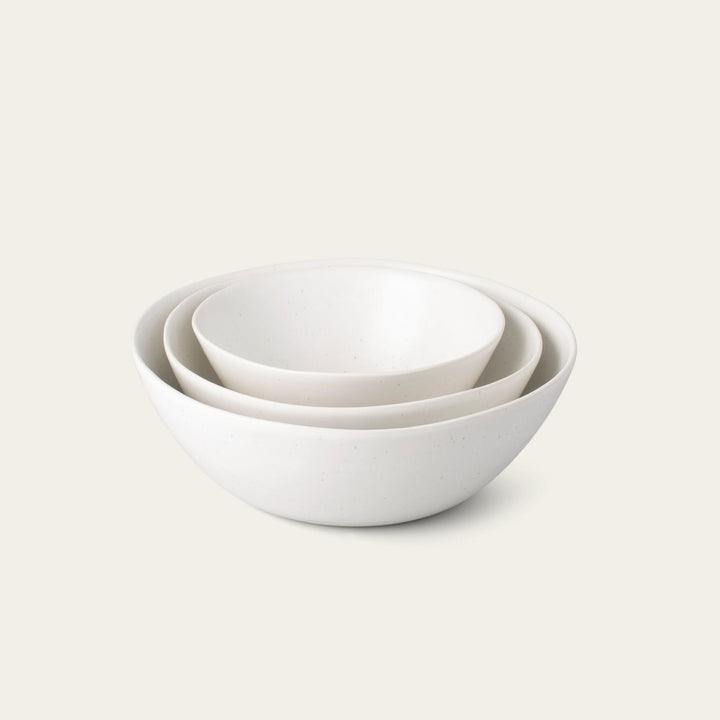 Nested serving bowls dinnerware by Fable Home, shown in a speckledwhite finish. – #speckledwhite