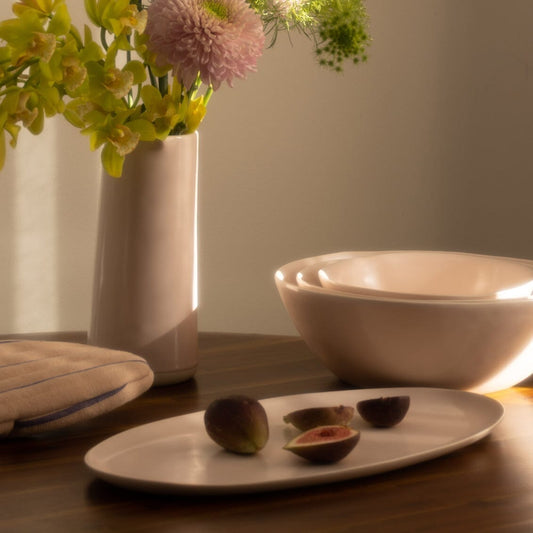 Oval serving platter dinnerware by Fable Home, shown in a blushpink finish. – #blushpink