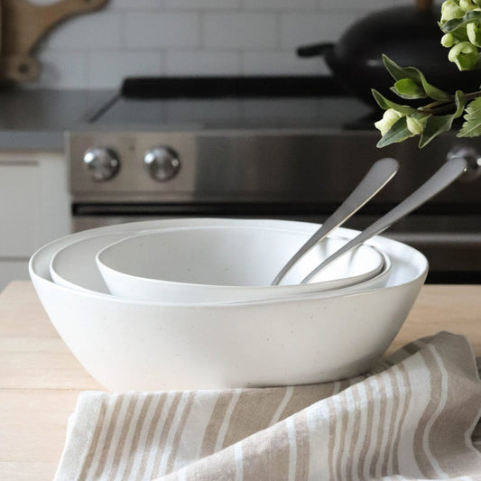 Serving ceramics set bundles by Fable Home, shown in a speckledwhite finish. – #speckledwhite