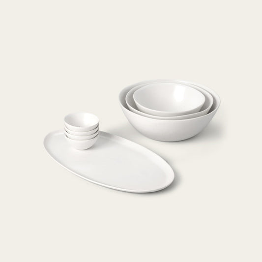 Serving ceramics set bundles by Fable Home, shown in a speckledwhite finish. – #speckledwhite