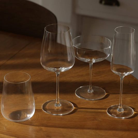 Stemless wine glasses glassware by Fable Home, shown in a clear finish. – #clear
