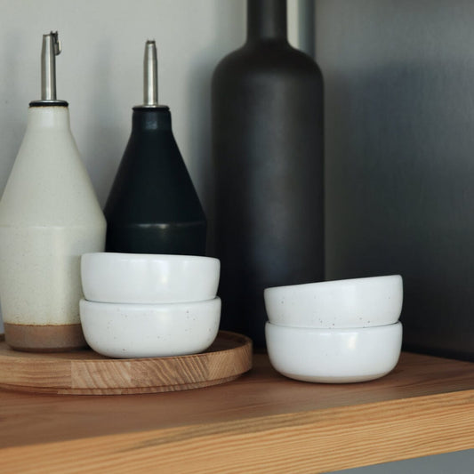 Everything bowls dinnerware by Fable Home, shown in a speckledwhite finish. – #speckledwhite