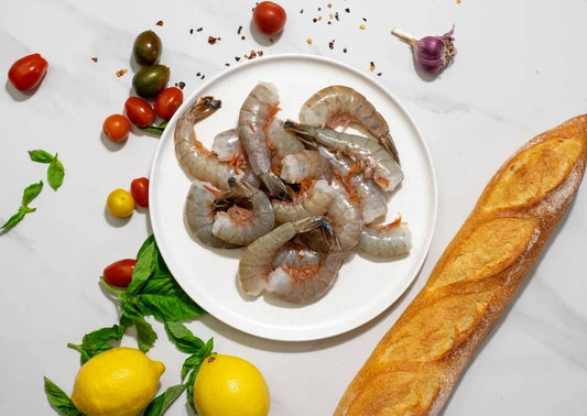 The blog post about Sambuca Prawns on Speckled White Stoneware