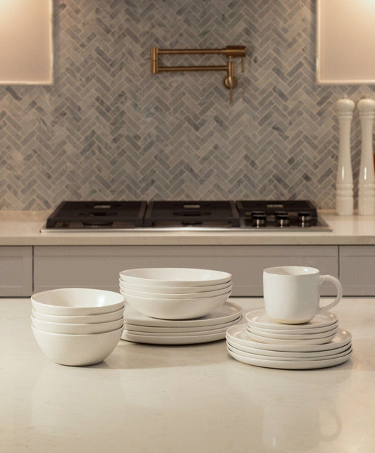 Complete Dinnerware Set by Fable Home, shown in Speckled White. – #speckledwhite