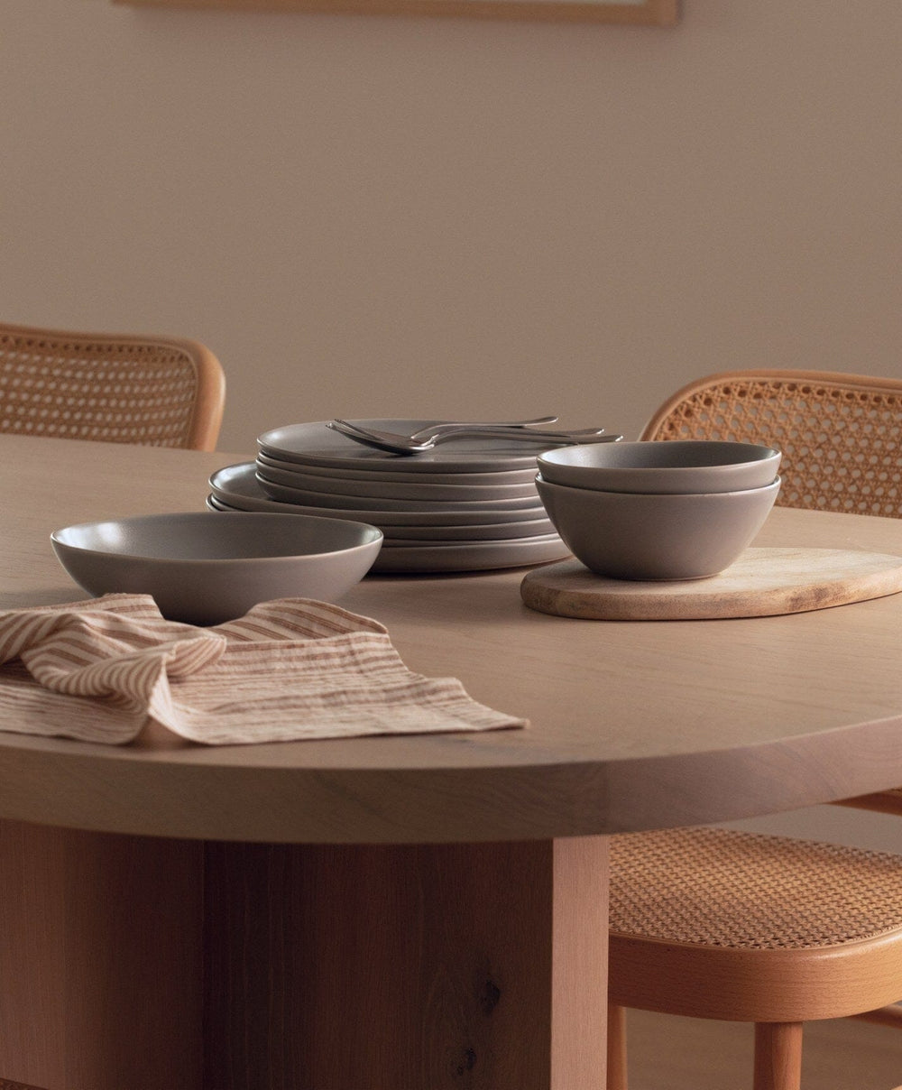 Complete Dinnerware Set by Fable Home, shown in Dove Gray.