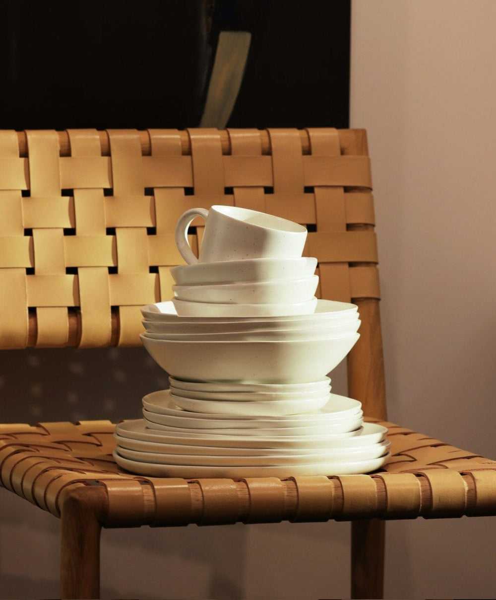 Complete Dinnerware Set by Fable Home, shown in Speckled White.