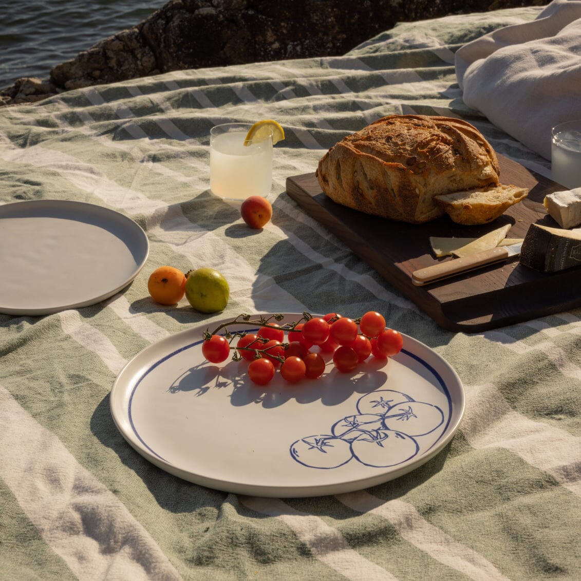 Outdoor picnic setup with bread, fruits, and drinks on a checkered blanket by the water.
