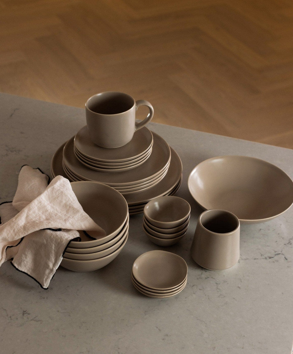 Everyday Dinnerware Set by Fable Home, shown in Desert Taupe.