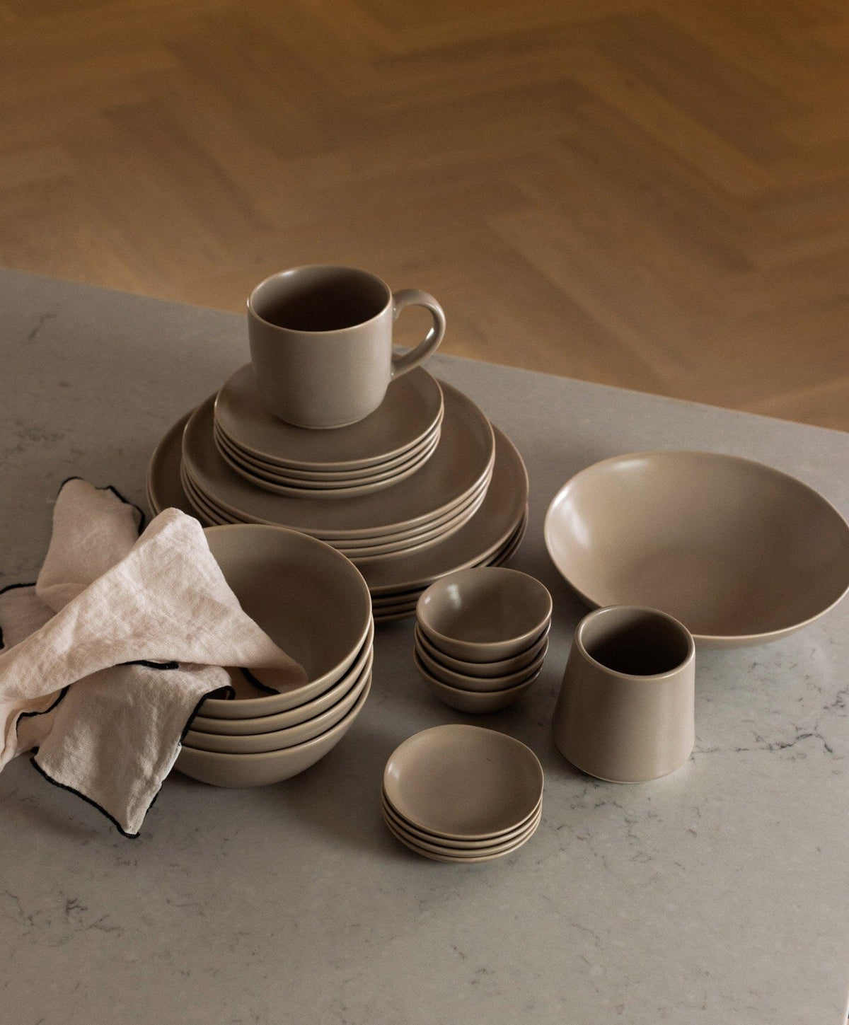 Everyday Dinnerware Set by Fable Home, shown in Desert Taupe.