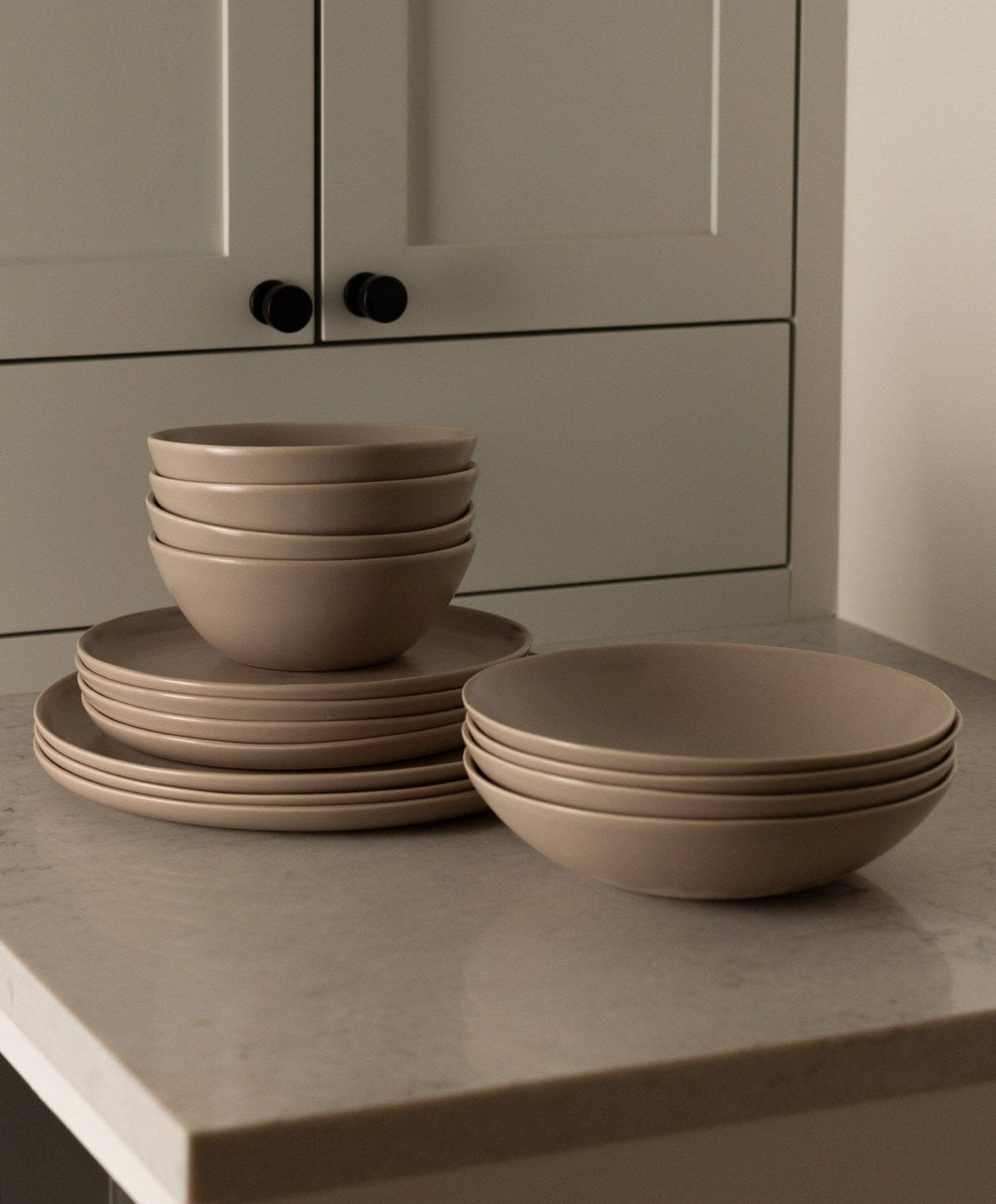 Everyday Dinnerware Set by Fable Home, shown in Desert Taupe.