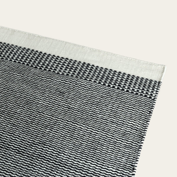 Close-up of a woven black and white patterned rug on a light gray background #ashblack