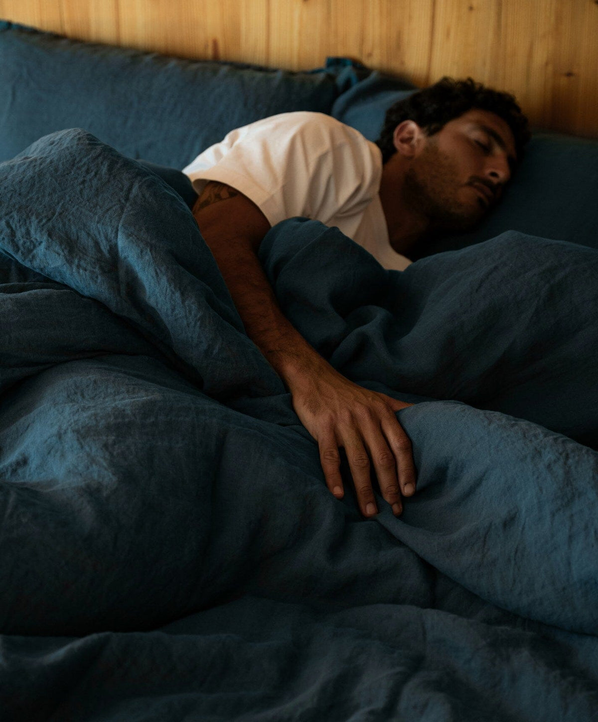 Linen Complete Bed Set by Fable Home, shown in Storm Blue.