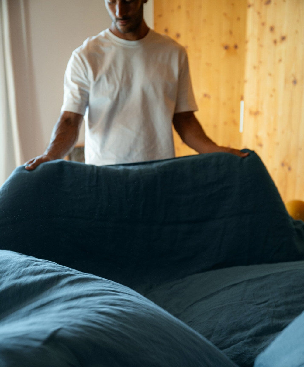 Linen Complete Bed Set by Fable Home, shown in Storm Blue.