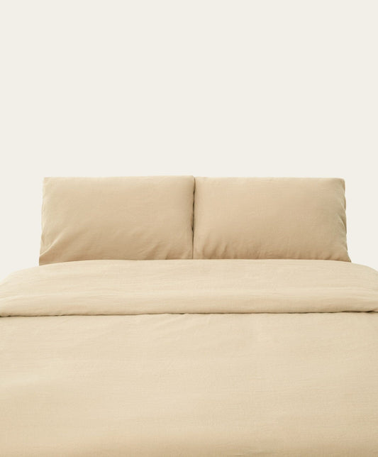 Linen Complete Bed Set by Fable Home, shown in Birch Sand. – #birchsand/queen #birchsand/king