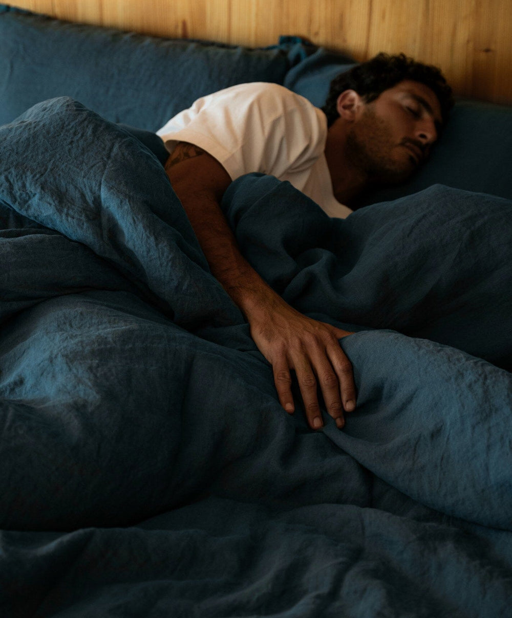 Linen Duvet Cover by Fable Home, shown in Storm Blue.