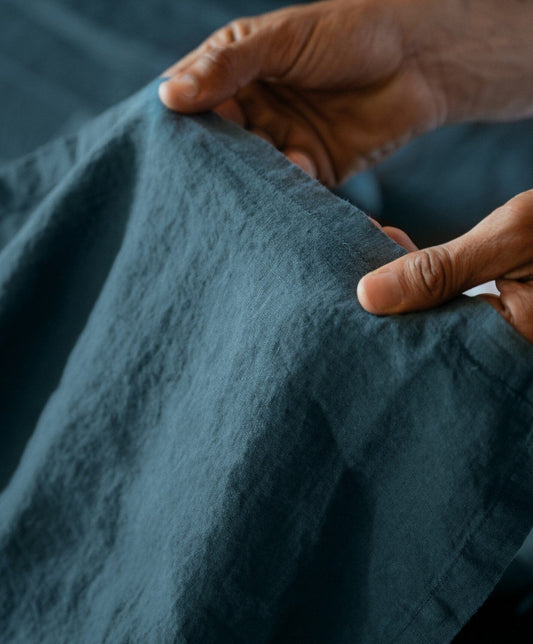 Linen Flat Sheet by Fable Home, shown in Storm Blue. – #stormblue/full/queen #stormblue/king