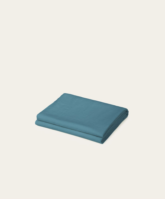 Linen Flat Sheet by Fable Home, shown in Storm Blue. – #stormblue/full/queen #stormblue/king