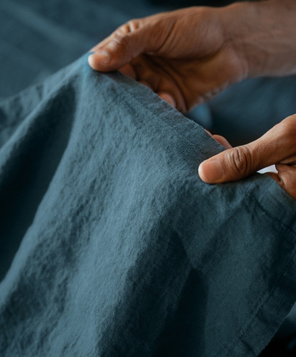 Linen Sheet Set by Fable Home, shown in Storm Blue.