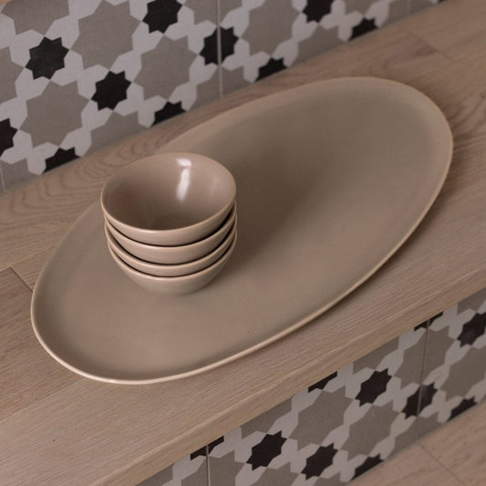 Oval serving platter dinnerware by Fable Home, shown in a deserttaupe finish. – #deserttaupe