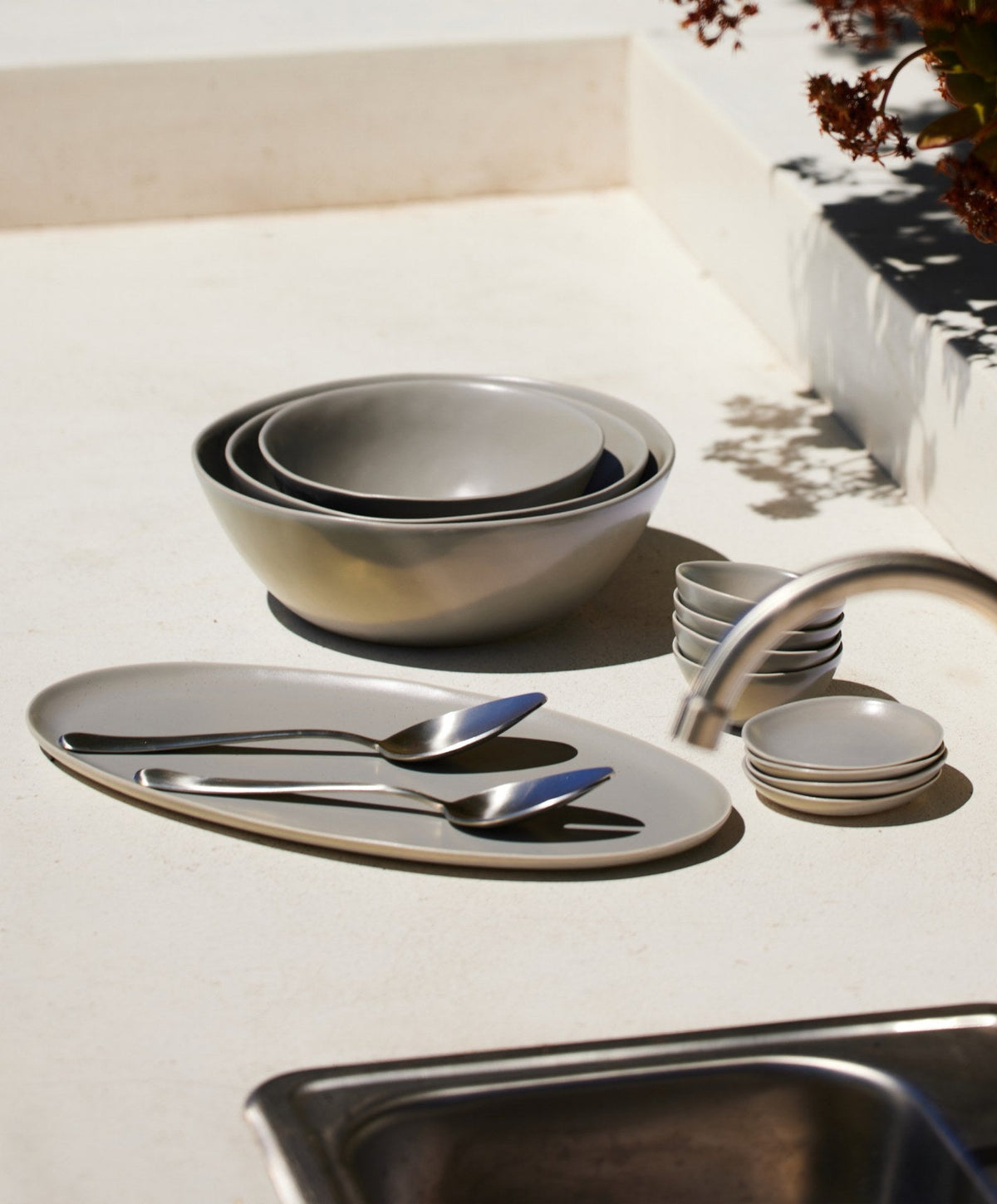 Serving Ceramics Set by Fable Home, shown in Dove Gray.