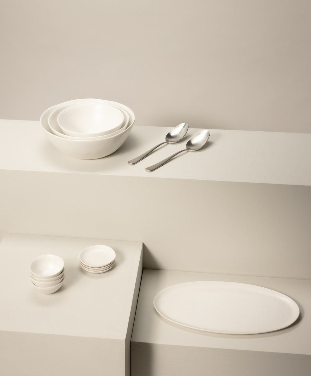 Serving Ceramics Set by Fable Home, shown in Speckled White.