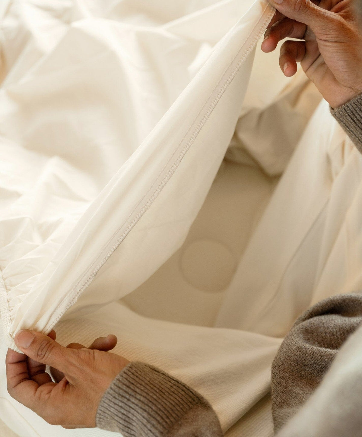 Percale Fitted Sheet by Fable Home, shown in Birch Sand.